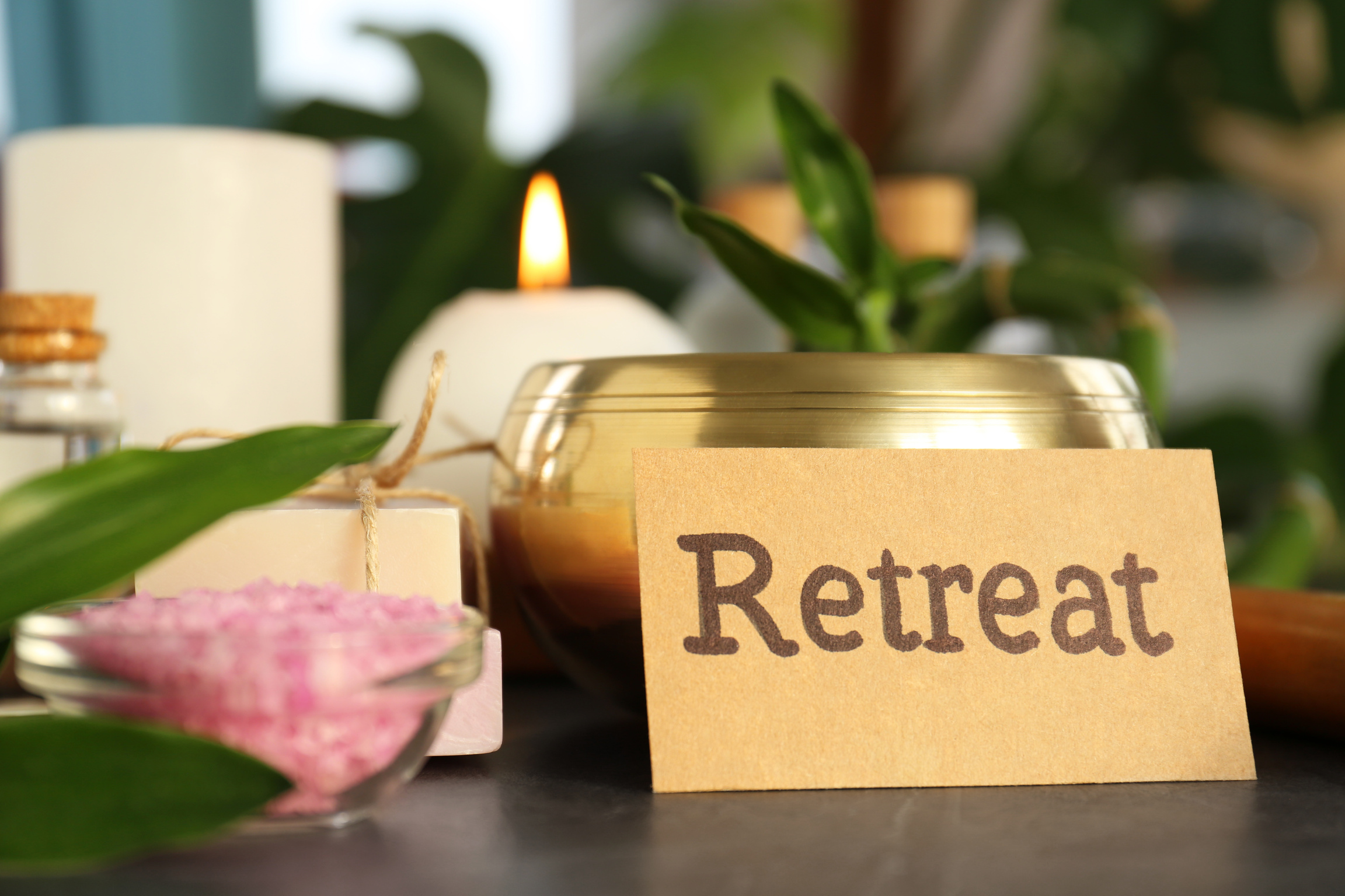 Retreat Concept. Composition with Card, Singing Bowl and Differe